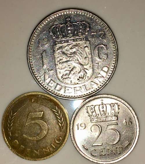 NETHERLANDS 1 GULDEN 1977 25 CENT 1948 GERMANY 10 PFENNIG 1980