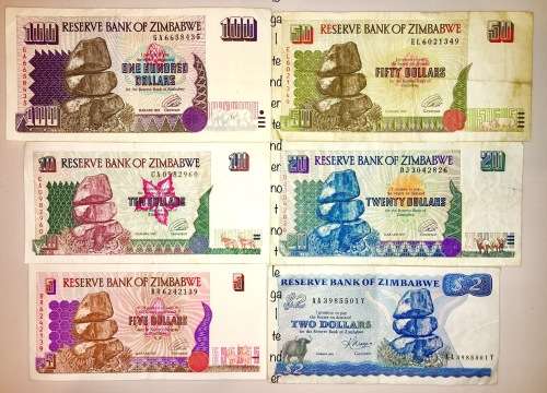 SET OF 6 X $100 TO $2 ZIMBABWE 1983-1997(1 BID TAKES ALL)