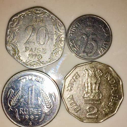 INDIA  X4,,,, SET OF 2 RUPEES,1 RUPEE 20 PAISE & 10 PAISE 1990-1999( 1 BID TAKES ALL)