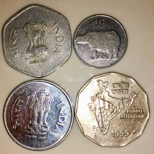 INDIA  X4,,,, SET OF 2 RUPEES,1 RUPEE 20 PAISE & 10 PAISE 1990-1999( 1 BID TAKES ALL)