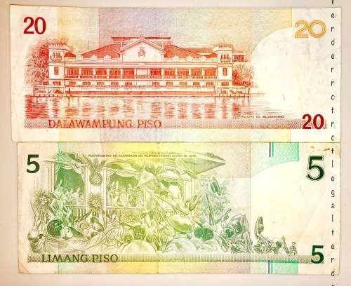 PHILIPPINES X2,,, 20 PESO & 5 PESO 1987 & 2009