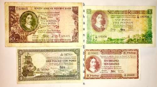 4 X  MH DE KOCK 10 POUNDS , 5 POUNDS ,1 POUND & 10 SHILLINGS 1947-1957 [1 BID TAKES ALL]