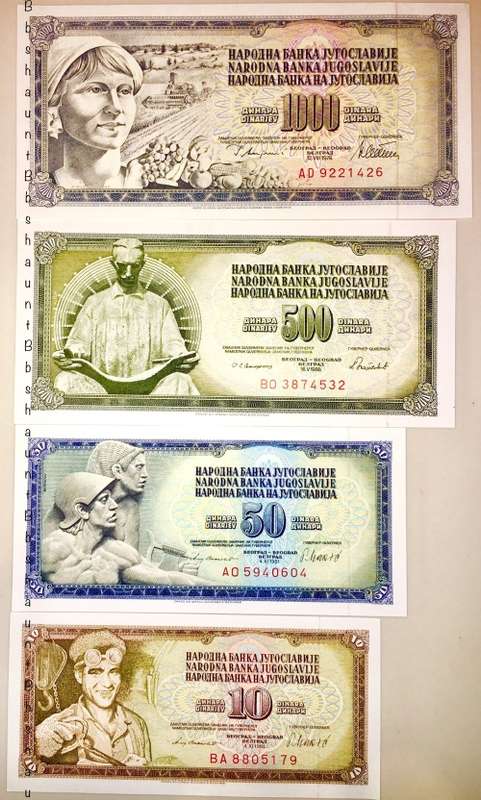 YUGOSLAVIA SET OF 4 X 1000 DINARA, 500 DINARA, 50 DINARA & 10 DINARA  1978-1986 UNC GEM