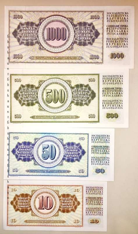 YUGOSLAVIA SET OF 4 X 1000 DINARA, 500 DINARA, 50 DINARA & 10 DINARA  1978-1986 UNC GEM
