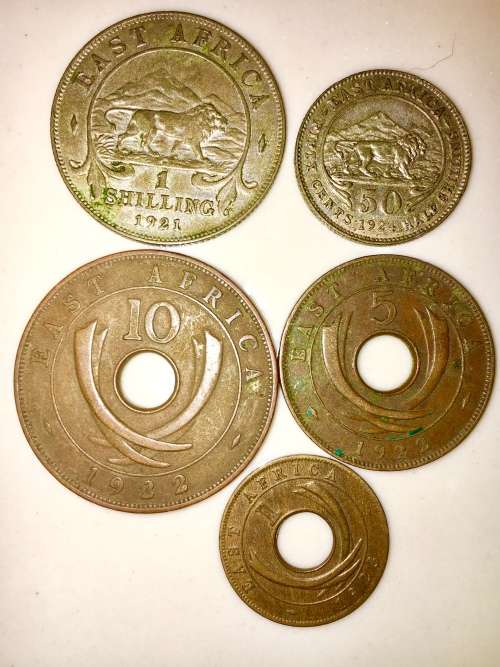 EAST AFRICA SET OF 5,,1 SHILLING, 50C(HALF SHILLING),10C,5 CENT & 1 CENT 1921-1924 HIGH GRADE COINS