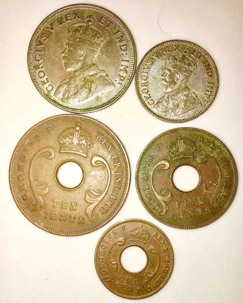 EAST AFRICA SET OF 5,,1 SHILLING, 50C(HALF SHILLING),10C,5 CENT & 1 CENT 1921-1924 HIGH GRADE COINS