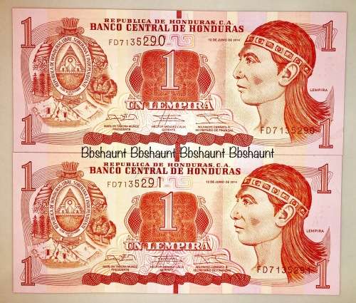 HONDURAS 1 LEMPIRA IN SEQUENCE UNC FD7135291-290..2014 [1 BID TAKES ALL]