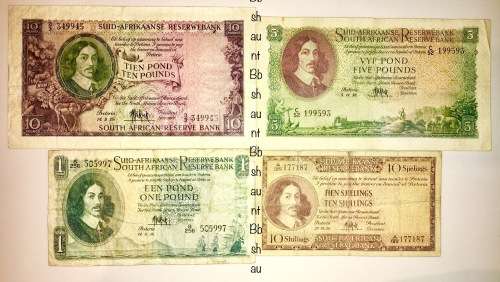MH DE KOCK SET X 4 1955-1956; 10 POUNDS, 5 PONDS, 1 POUND, 10 SHILLINGS ALL AFR/ENG(1 BID TAKES ALL)