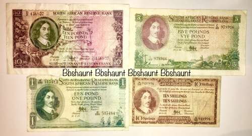 MH DE KOCK SET X 4 1953-1957; 10 POUNDS, 5 PONDS, 1 POUND, 10 SHILLINGS (1 BID TAKES ALL)