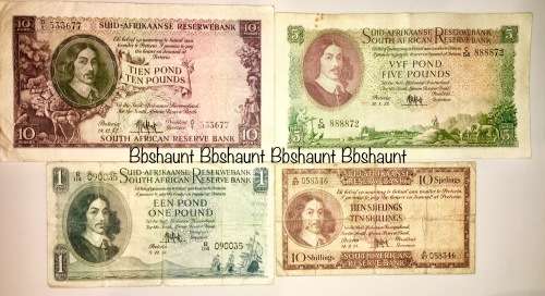 MH DE KOCK SET X 4 1951-1957; 10 POUNDS, 5 PONDS, 1 POUND, 10 SHILLINGS ALL AFR/ENG(1 BID TAKES ALL)