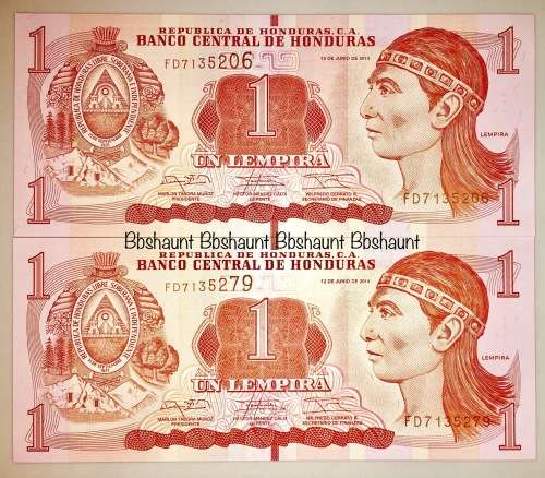 HONDURAS X 2...1 LEMPIRA CLOSE IN SEQUENCE 2014 UNC CRISP NOTES