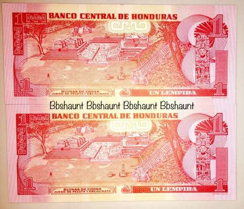 HONDURAS X 2...1 LEMPIRA CLOSE IN SEQUENCE 2014 UNC CRISP NOTES