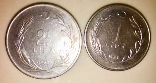 TURKEY X2,,,,2 1/2 LIRA 1962 & 1 LIRA 1975