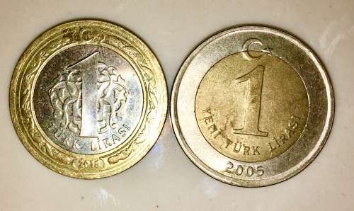 TURKEY X2,,,,1 LIRA 2005 & 1 LIRA 2016