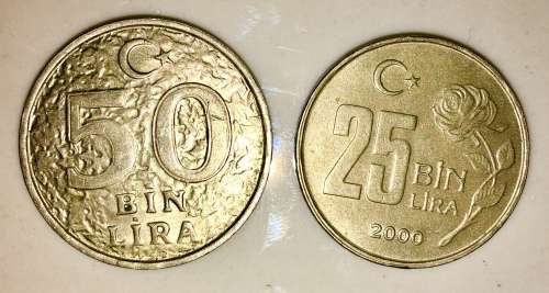 TURKEY X2,,,,50 LIRA  & 25 LIRA  2000