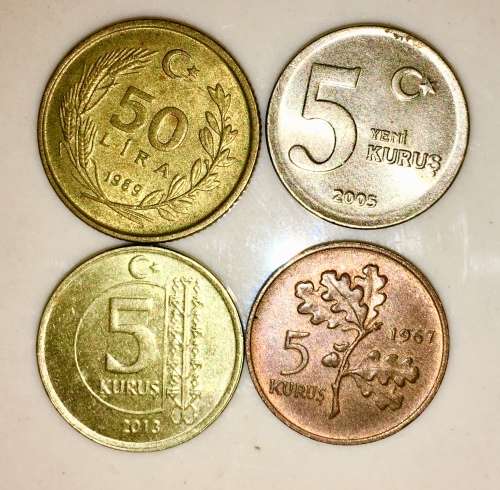 TURKEY X4,,,,50 LIRA 1989 & 5 KURUS  1967,2005,2013