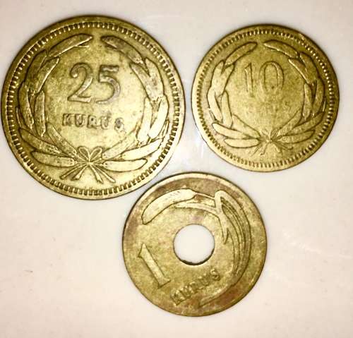 TURKEY X3,,,,25 KURUS,10 KURUS & 1 KURUS  1949
