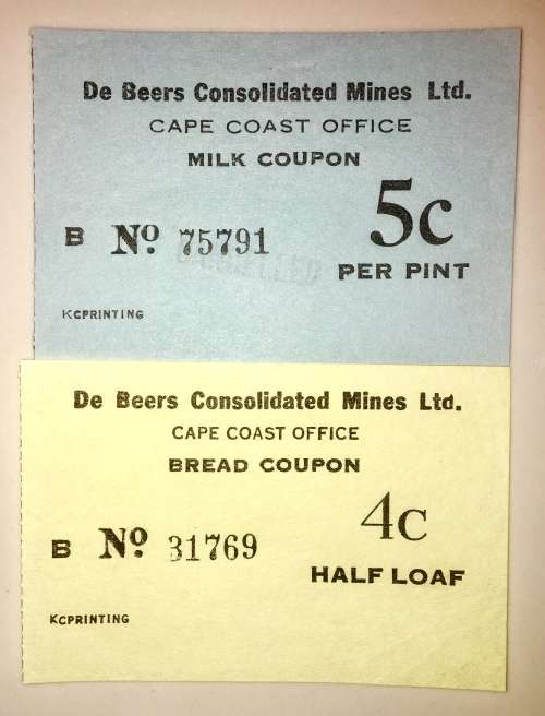 DE BEERS CONSOLIDATED MINES 4 CENT HALF LOAF & 5 CENT MILK PINT COUPONS UNC (CAPE COAST OFFICE)
