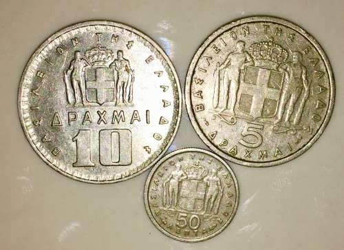 GREECE X 3 10 DRACHMA 1959, 5 DRACHMA 1954 & 50 LEPTA 1954 ALL KING PAUL