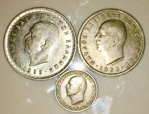 GREECE X 3 10 DRACHMA 1959, 5 DRACHMA 1954 & 50 LEPTA 1954 ALL KING PAUL