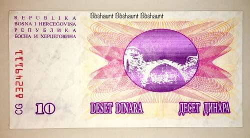 BOSNIA HERZEGOVINA 10 DINARA 1992 UNC