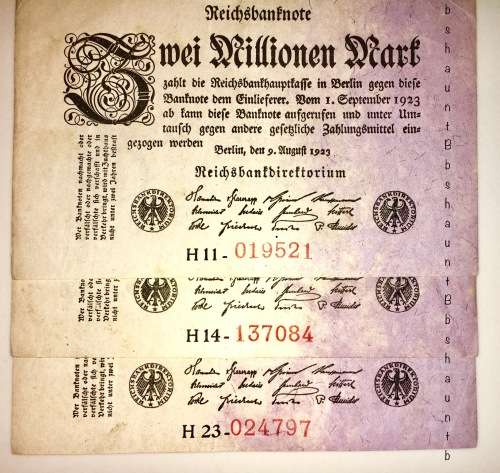 GERMAN EMPIRE X3,,,2 MILLION MARK H11,H14,H23-- 9 AUGUST 1923 BERLIN