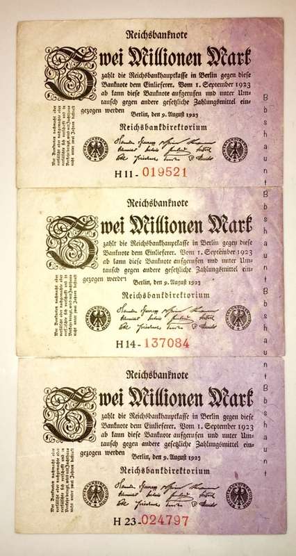 GERMAN EMPIRE X3,,,2 MILLION MARK H11,H14,H23-- 9 AUGUST 1923 BERLIN