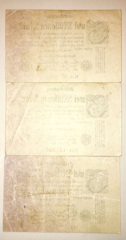 GERMAN EMPIRE X3,,,2 MILLION MARK H11,H14,H23-- 9 AUGUST 1923 BERLIN