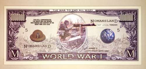 FANTASY NOTE  WORLD WAR 1  $1 MILL USA UNC  GEM