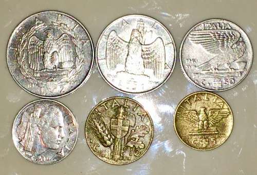 ITALY SET X6 ,,,,2 LIRE 1939, 1 LIRE 1940, 50 CENT 1940, 20 CENT 1940, 10 CENT 1941, & 5 CENT 1939