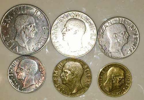 ITALY SET X6 ,,,,2 LIRE 1939, 1 LIRE 1940, 50 CENT 1940, 20 CENT 1940, 10 CENT 1941, & 5 CENT 1939