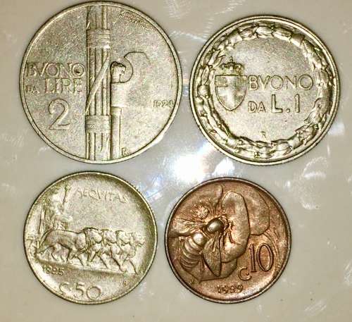 ITALY SET X4 ,,,,2 LIRE 1924, 1 LIRE 1922, 50 CENT 1925 & 10 CENT 1929