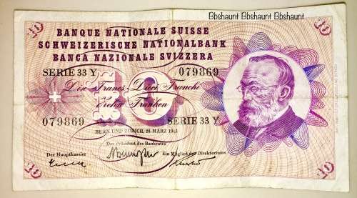 SWITZERLAND 10 FRANKEN 1963 Y SERIES