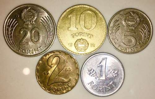 HUNGARY, SET X5,,,20 FORINT,10 FORINT, 2 FORINT & 1 FORINT 1980s