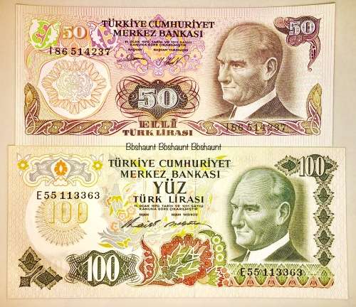 TURKEY X2,,,100 LIRASI & 50 LIRASI 1971 ATATURK UNC CRISP NOTES