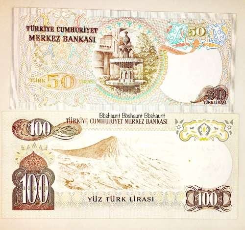 TURKEY X2,,,100 LIRASI & 50 LIRASI 1971 ATATURK UNC CRISP NOTES