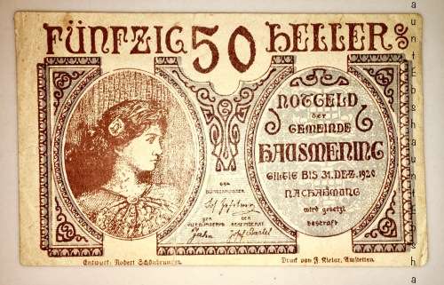 AUSTRIA 50 HELLER 1920 HAUSMENING EF NOTGELD PORTRAIT
