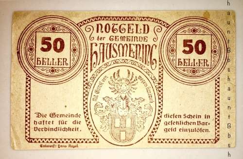 AUSTRIA 50 HELLER 1920 HAUSMENING EF NOTGELD PORTRAIT