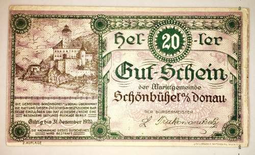 AUSTRIA 20 HELLER 1920 SCHONBUHEL DONAU EF  SCARES