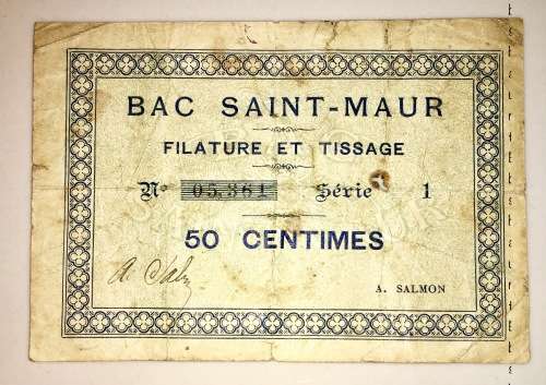 FRANCE 50 CENTIMES BAC SAINT-MAUR 1912 WWI LOCAL ISSUE "SAILLY-SUR-LA-LYS"