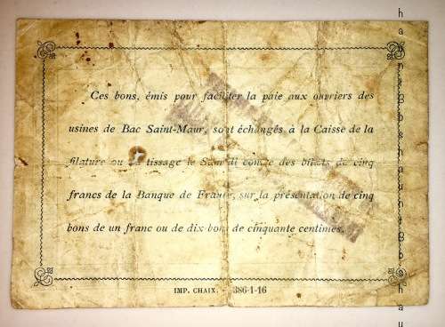 FRANCE 50 CENTIMES BAC SAINT-MAUR 1912 WWI LOCAL ISSUE "SAILLY-SUR-LA-LYS"