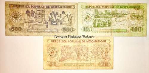 MOZAMBIQUE X3,,,500 METICAIS,100 METICAIS & 50 METICAIS 1980-1989