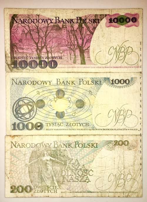 POLAND SET OF 3 X 10,000 ZŁOTYCH ,1000 & 200 ZLOTYCH  1980s