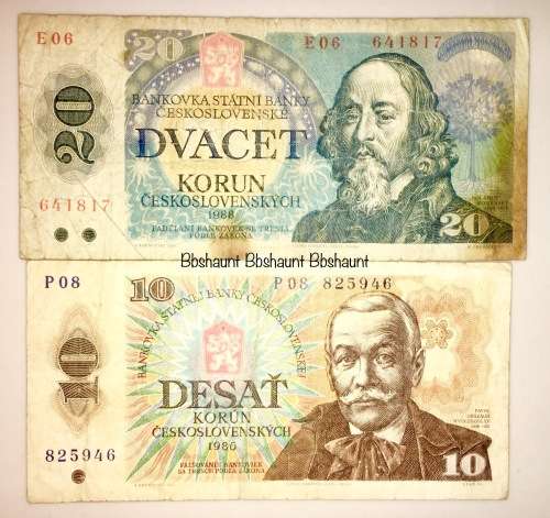 CZECHOSLOVAKIA X2,,,,20 KORUN 1988 & 10 KORUN 1986