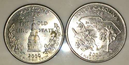U.S.A X2 QUARTER 25 CENT, MERRYLAND & SOUTH CAROLINA 2000