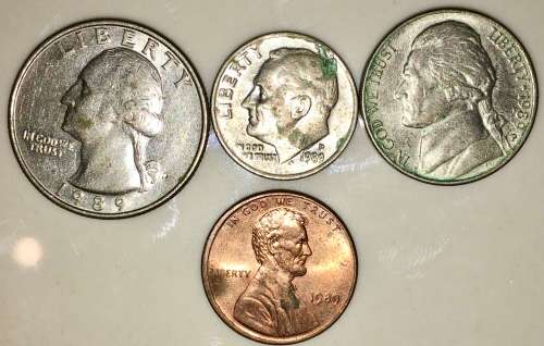 U.S.A X4,,,,25 CENT, 1 DIME , 5 CENT, 1 CENT 1989