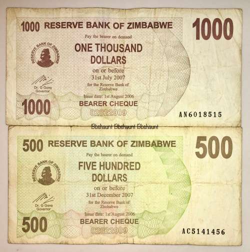 ZIMBABWE  X2 ,,,,$1000 DOLLARS & $500 DOLLARS  2007