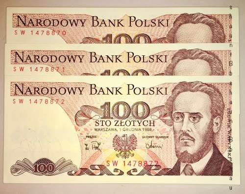 POLAND 100 ZLOTYCH X3  IN SEQUENCE SW1478870-872 1988 UNC GEM