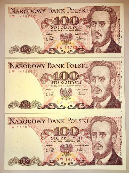 POLAND 100 ZLOTYCH X3  IN SEQUENCE SW1478870-872 1988 UNC GEM
