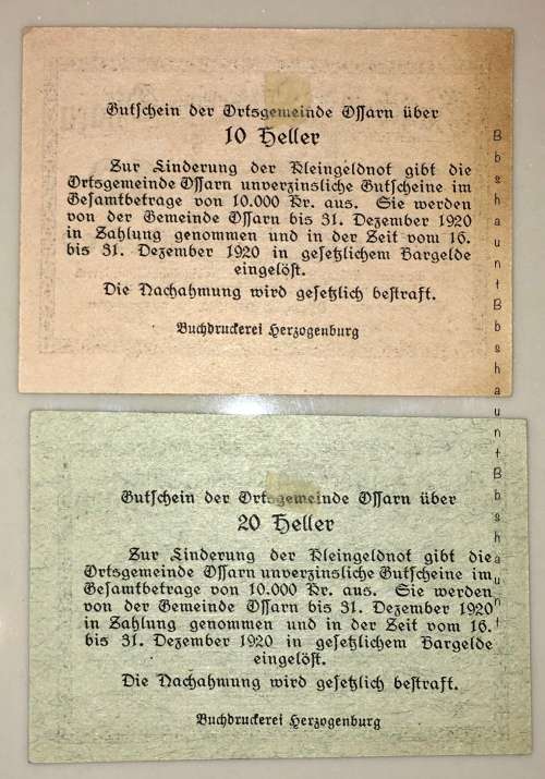 AUSTRIA SET X2,,,,20 HELLER & 10 HELLER 1920 UNC NOTGELD (EMERGENCY MONEY)